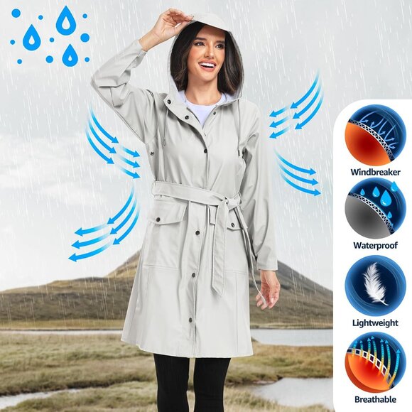 Women’s Tc-beige Waterproof Rain Jackets Hooded Long & Raincoat Windbreaker - Picture 3 of 9